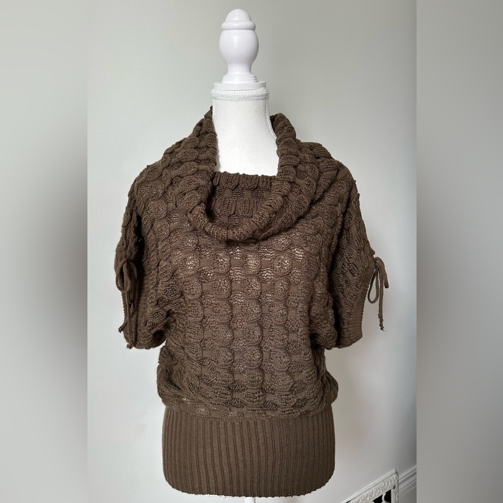 MINKAS Brown Y2K Knit Boho Slouchy Cowl Neck‎ Short Sleeve Sweater Size S